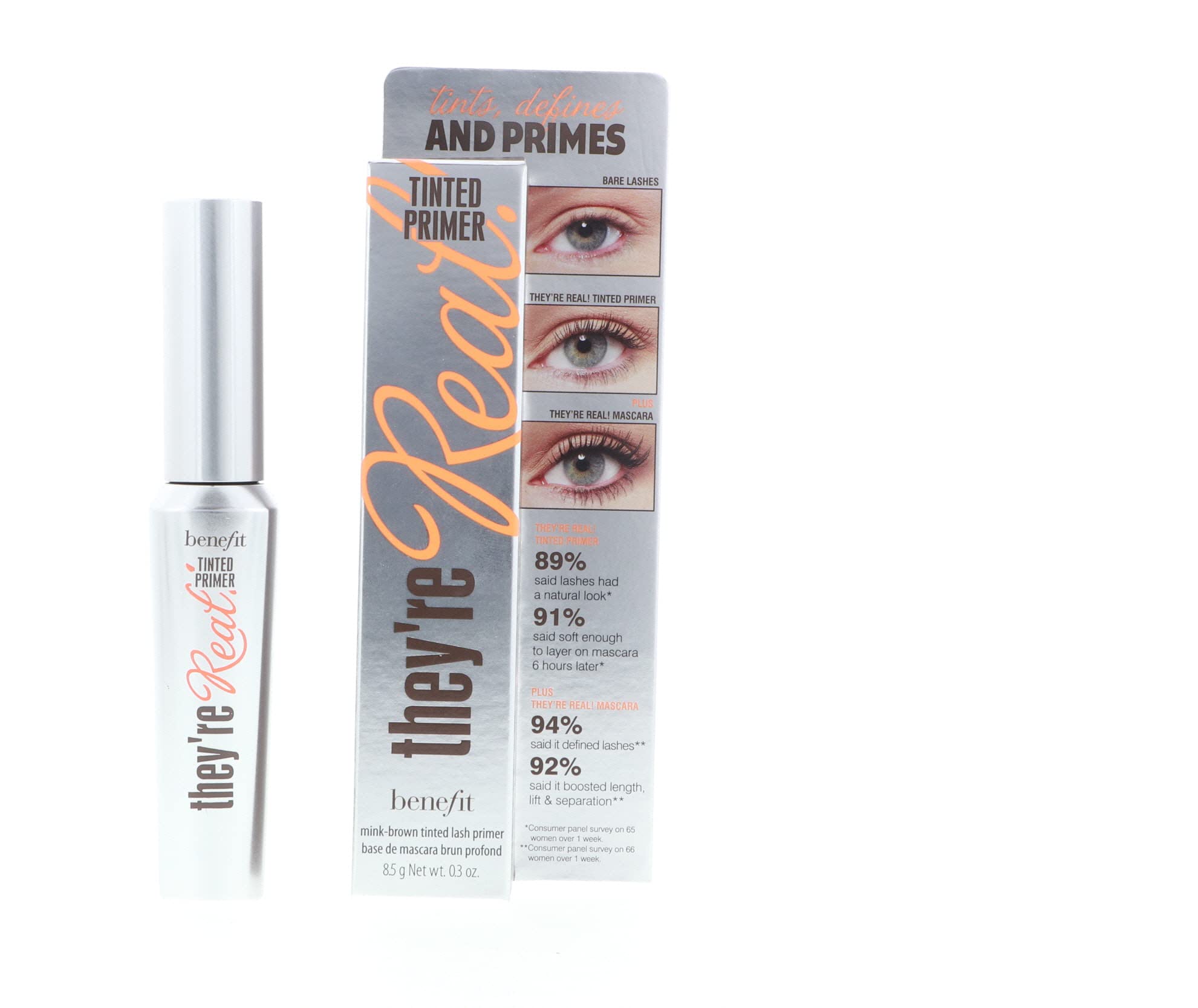 Benefit They're Real tinted lash primer closeup with natural definition.