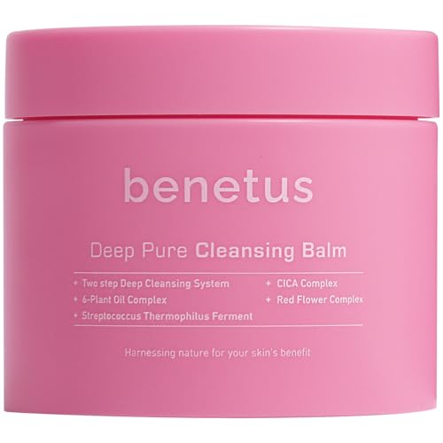Benetus Deep Pure Cleansing Balm jar shows creamy texture for gentle makeup removal.