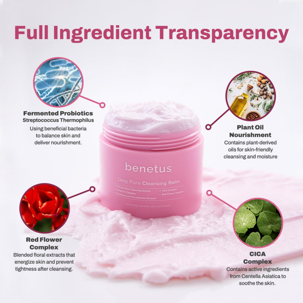 Six plant oils and CICA visible in Benetus cleansing balm formula.