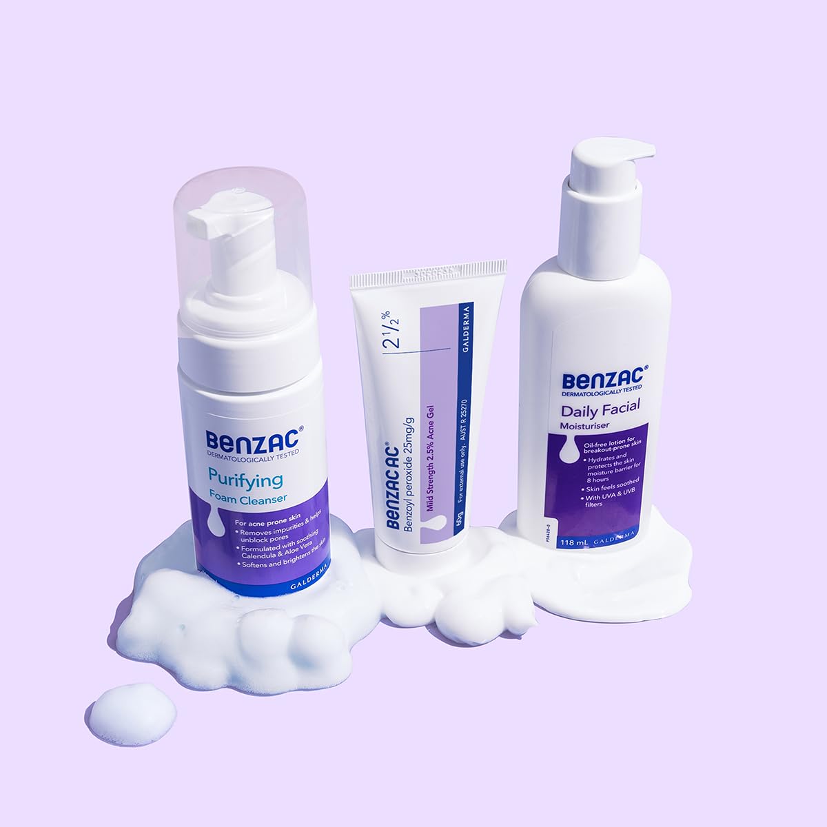 Close-up of Benzac cleanser foam reaching pores during cleansing