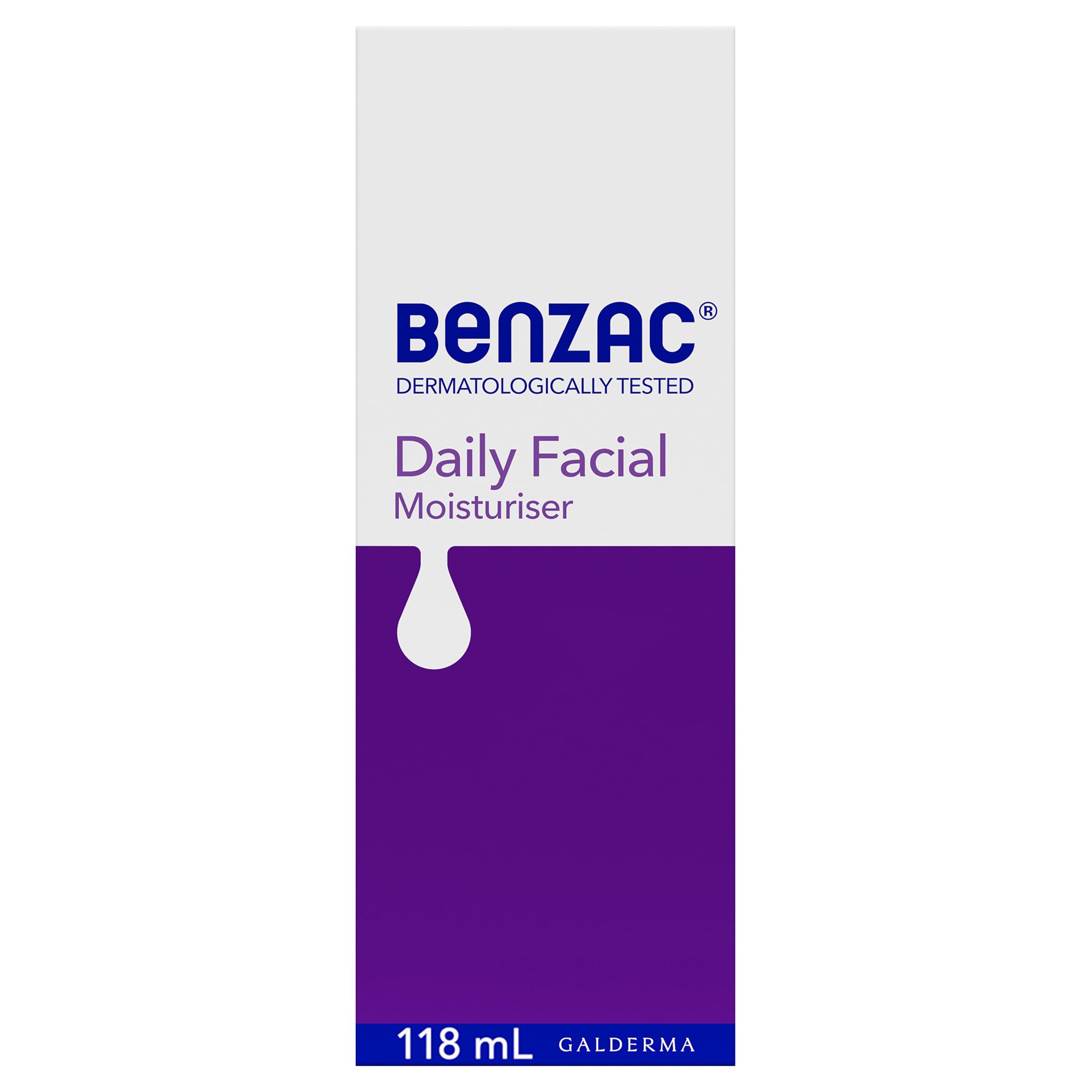 Benzac Daily Moisturiser bottle front view highlighting lightweight hydration for acne-prone skin
