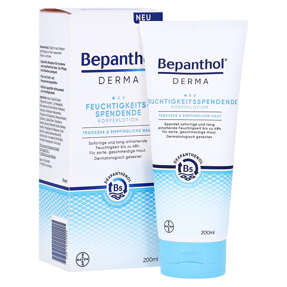 Bepanthol Derma Moisturising Lotion packaging showing fragrance-free formula for sensitive skin.