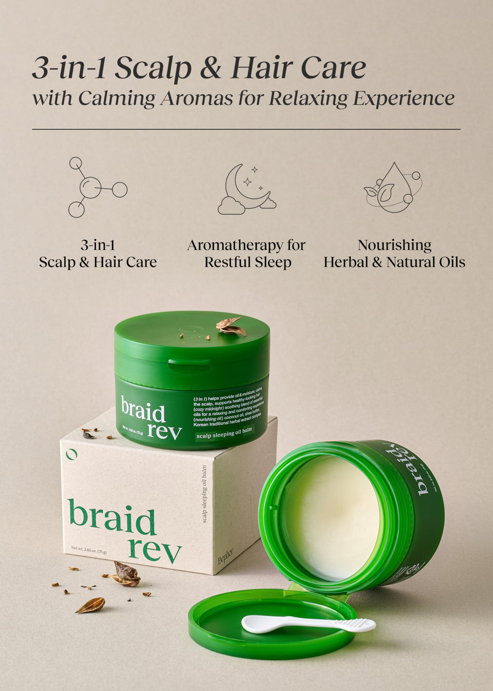 Bephor Braid Rev texture close-up, balm-to-oil transition for scalp care.