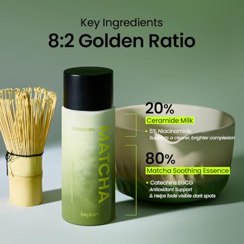 beplain Matcha Catechin Essence ingredient close-up with ceremonial matcha and ceramides