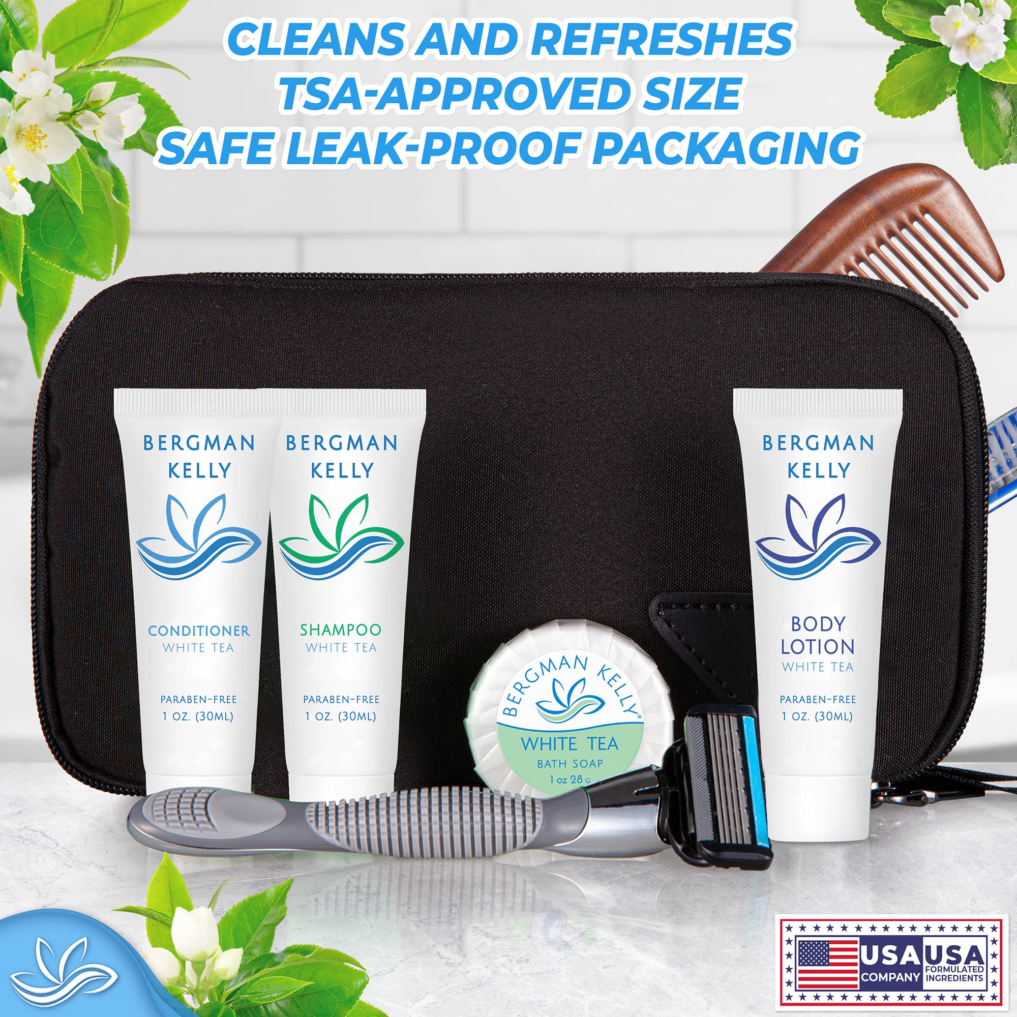 BERGMAN KELLY foil sealed shampoo bottle, preserves freshness and prevents spills in transit.
