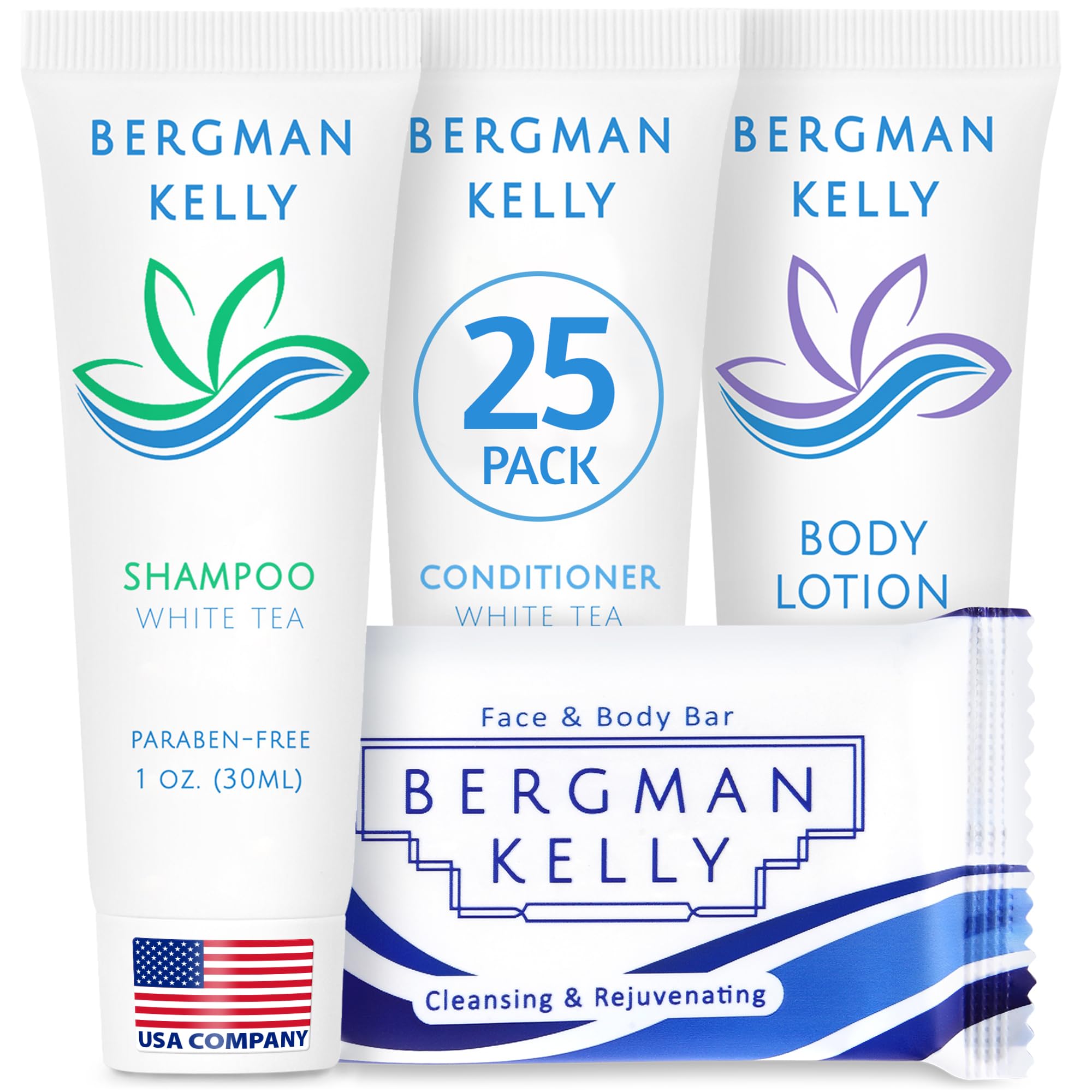BERGMAN KELLY white tea soap bars in a 1 oz guest amenities bundle.