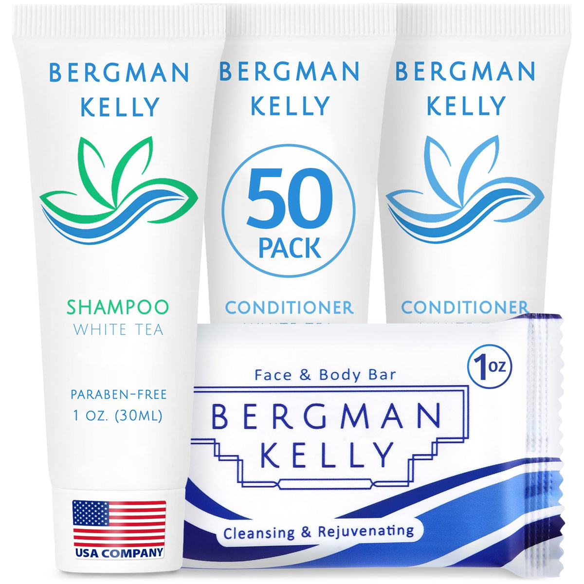 BERGMAN KELLY rectangular soap bars in 1 oz, ideal for compact hotel bathrooms.