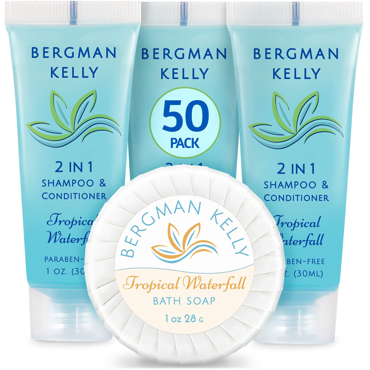 BERGMAN KELLY round soap bar with Tropical Waterfall scent for hotel guest amenities and comfort.