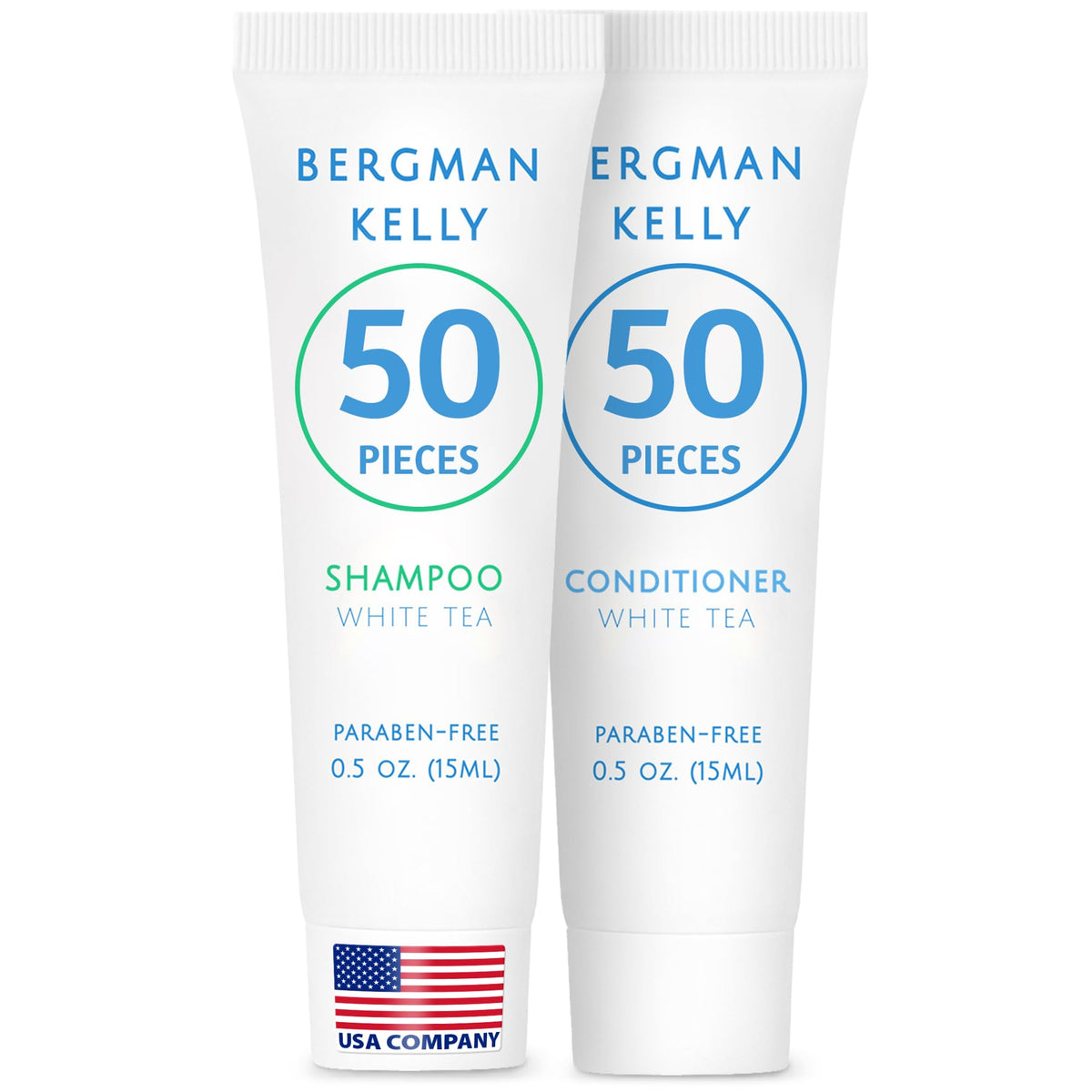 BERGMAN KELLY travel shampoo 0.5 oz bottle with foil seal for leak-free hotel use.