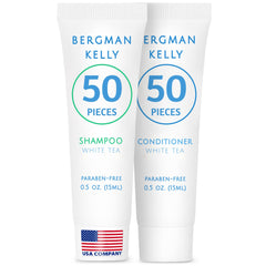 BERGMAN KELLY travel shampoo 0.5 oz bottle with foil seal for leak-free hotel use.
