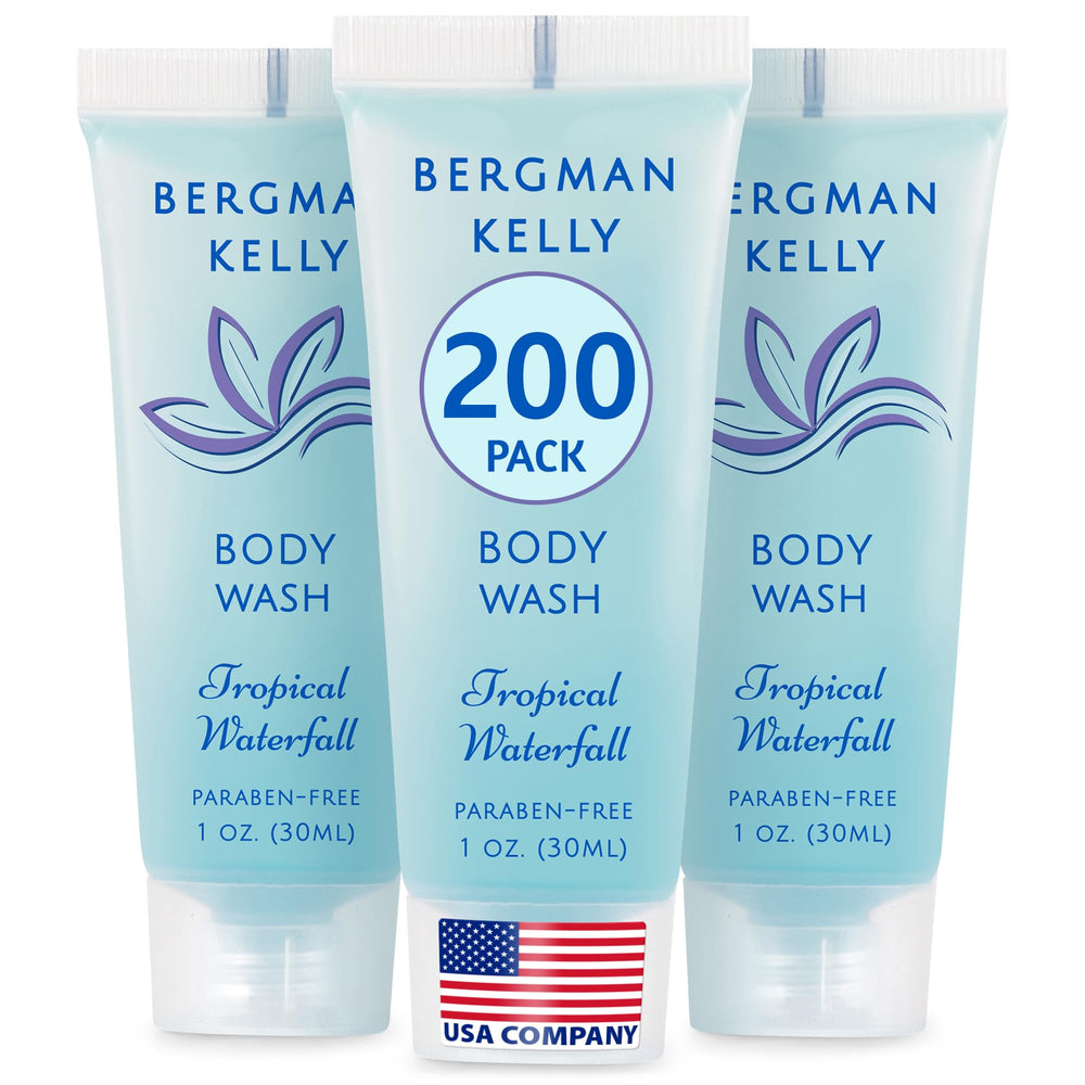 BERGMAN KELLY travel size body wash bottle with tropical waterfall scent for guest rooms.