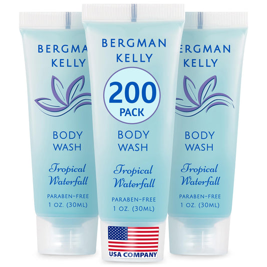 BERGMAN KELLY travel size body wash bottle with tropical waterfall scent for guest rooms.