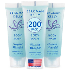 BERGMAN KELLY travel size body wash bottle with tropical waterfall scent for guest rooms.