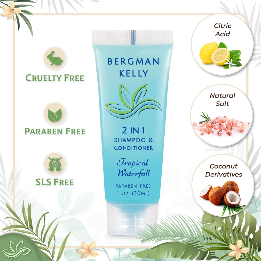 BERGMAN KELLY tropical waterfall 2in1 shampoo and conditioner bottle, refreshing scent for guests.