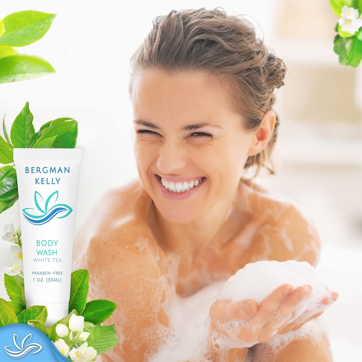 BERGMAN KELLY white tea body lotion 1oz bottle, nourishing hydration for every guest stay.