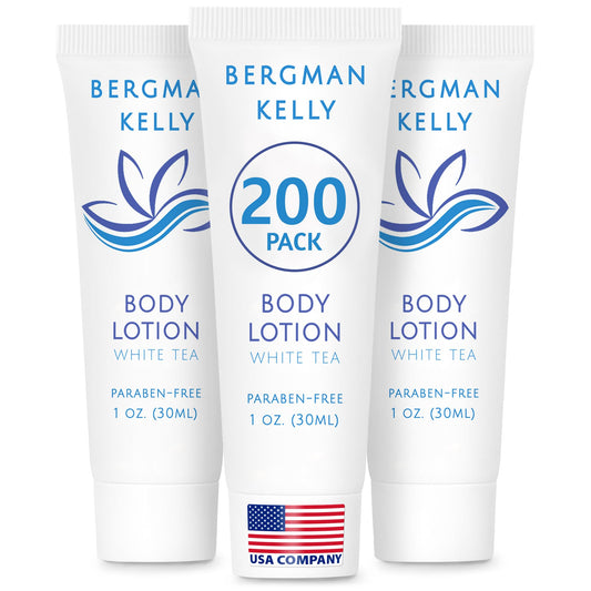 BERGMAN KELLY travel-size lotion 1oz with foil seal for leak-proof hotel guest care.