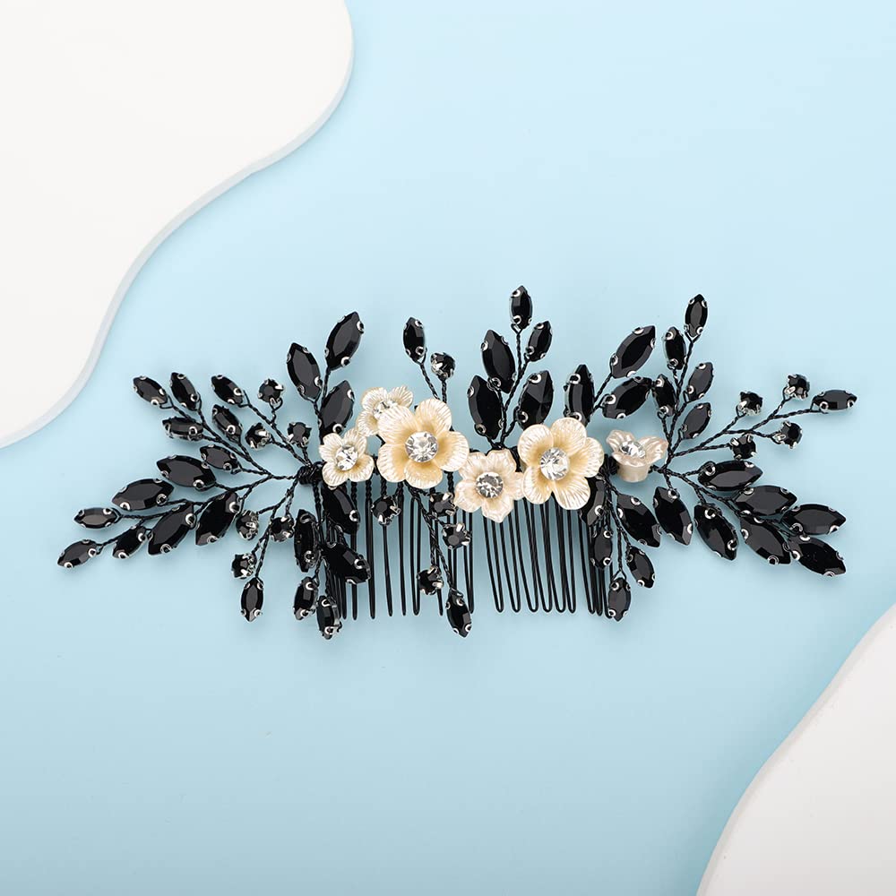 BERYUAN bridal white flower black crystal hair comb close-up for wedding day sparkle