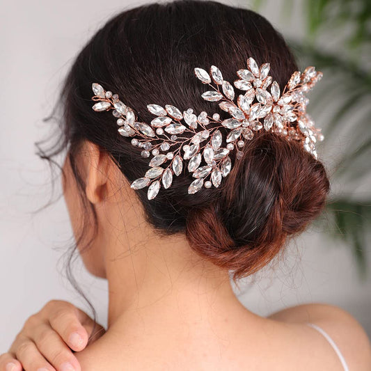 BERYUAN rose gold hair comb with rhinestones for bridal styling