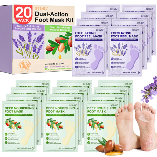 BESNEL exfoliating foot mask pair showing skin renewal action for smoother feet