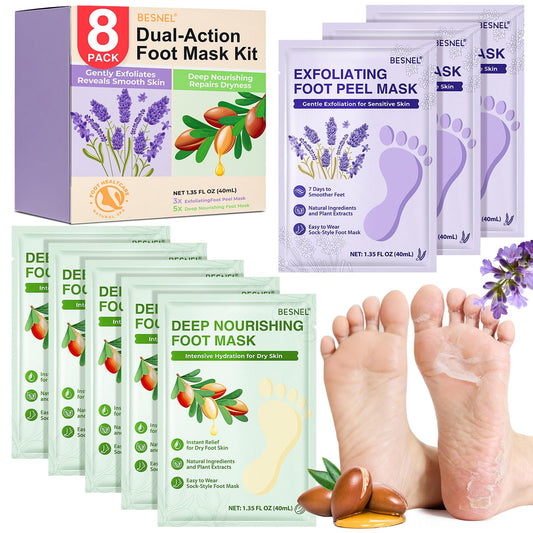 BESNEL foot mask exfoliating pair showing removal of dead skin for smoother feet.