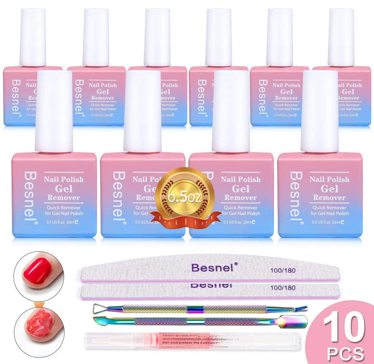 BESNEL gel nail polish remover 10-pack pack shot for quick removal at home.