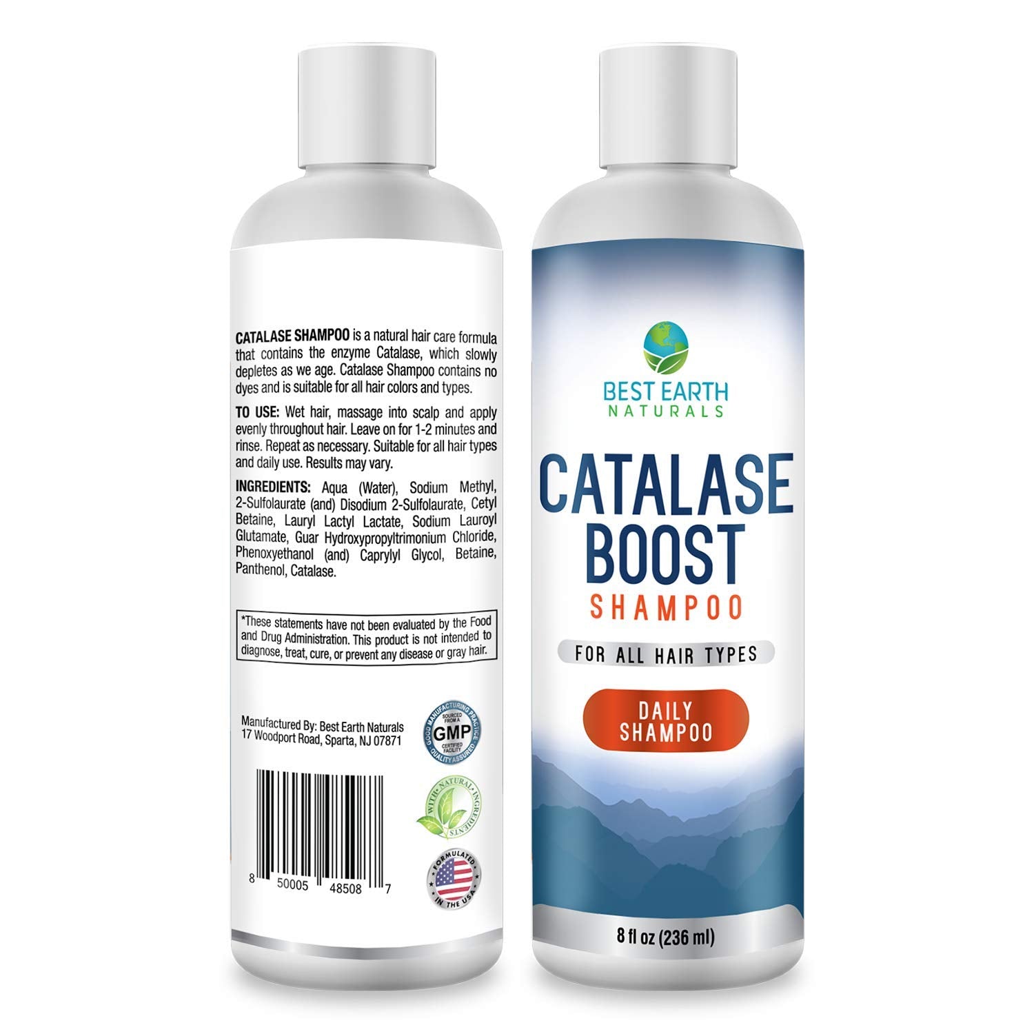 Best Earth Naturals Catalase Shampoo bottle back highlights dye-free formula