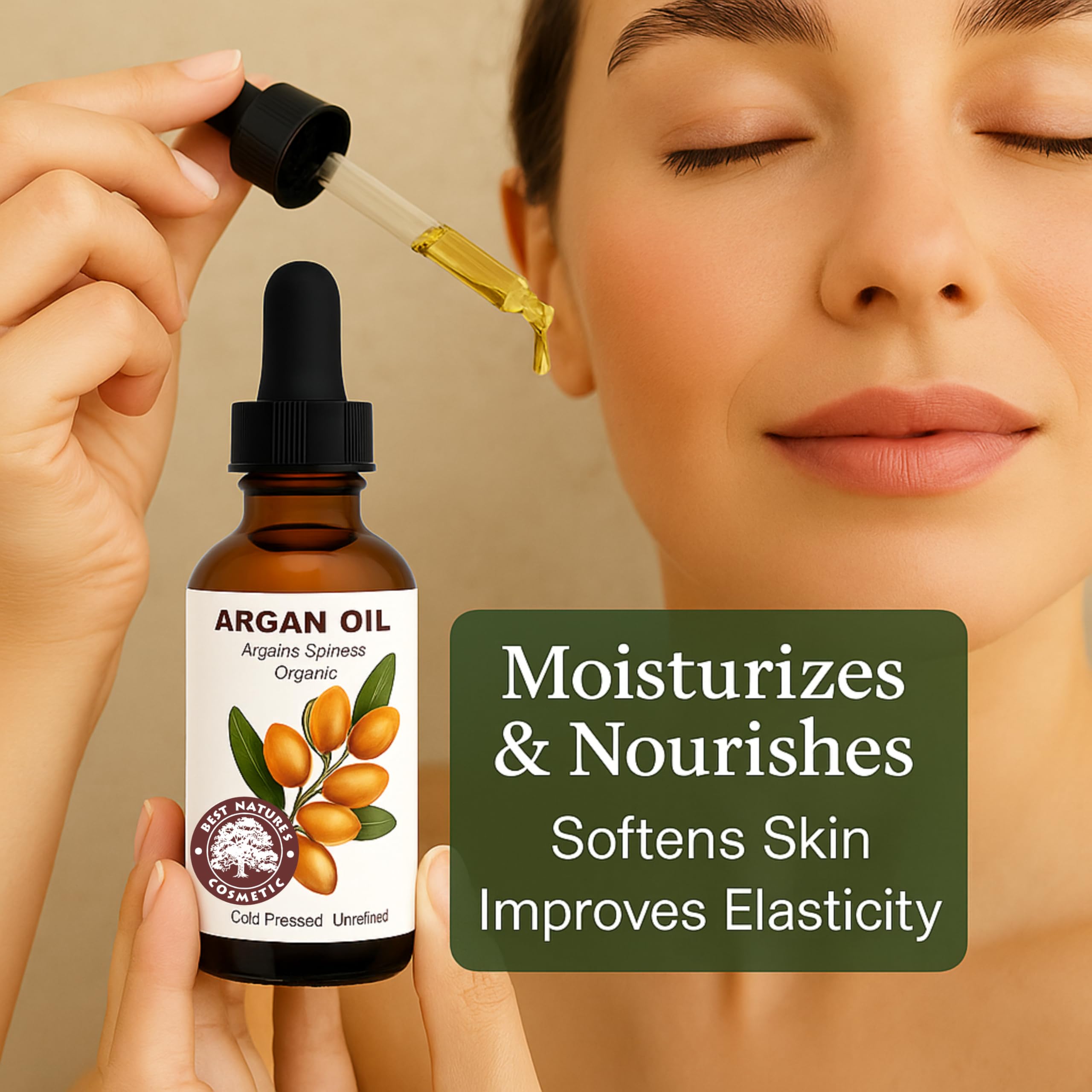 Best Nature's Cosmetics Argan Oil pour demonstrates fast absorption for hydrated, smooth skin
