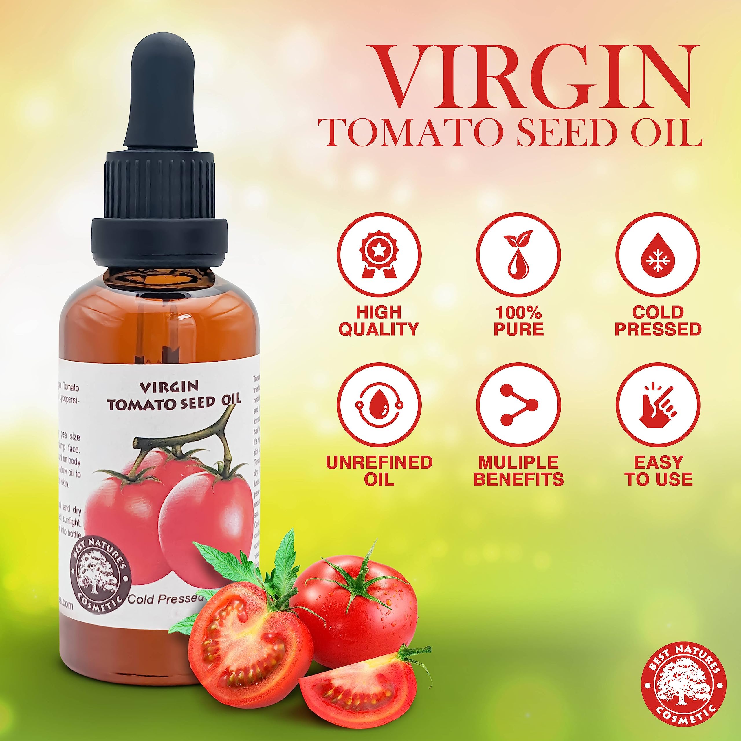 Best Nature's Cosmetics tomato seed oil applied to hair for shine.