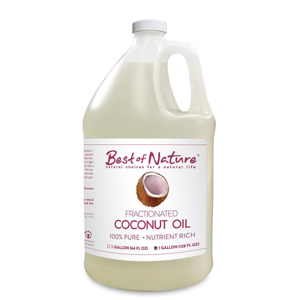 Best of Nature fractionated coconut oil bottle pour for easy application and hydration.