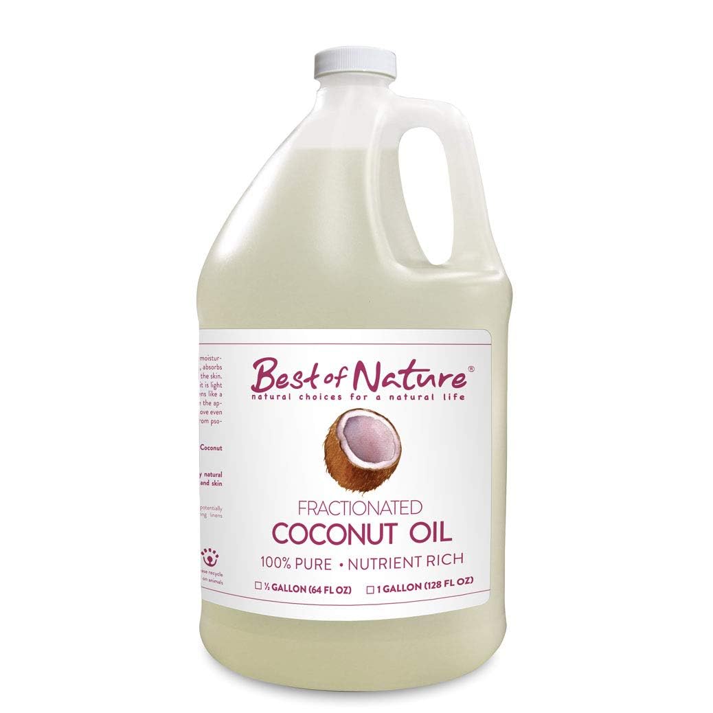 Best of Nature fractionated coconut oil bottle for lightweight hydration and quick absorption.