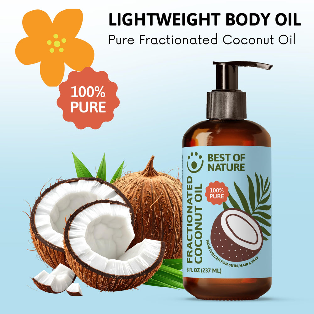 Best of Nature fractionated coconut oil pouring image for easy daily use.