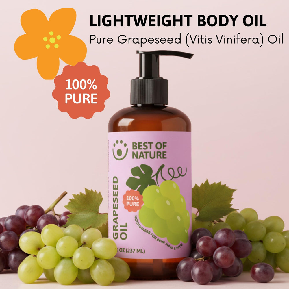 Best of Nature grapeseed oil pour in hand for quick non-greasy absorption.