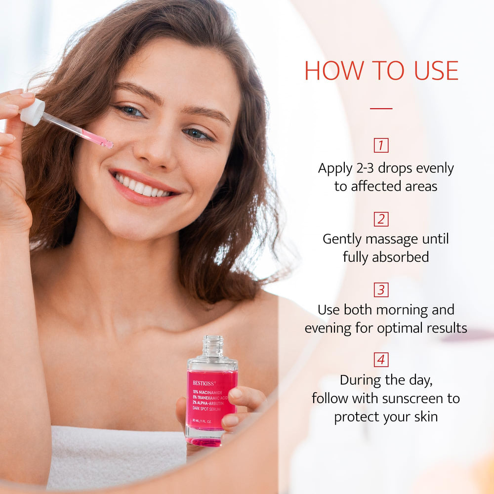 Bestkiss alpha-arbutin serum tone-evening formula supports balanced complexion.