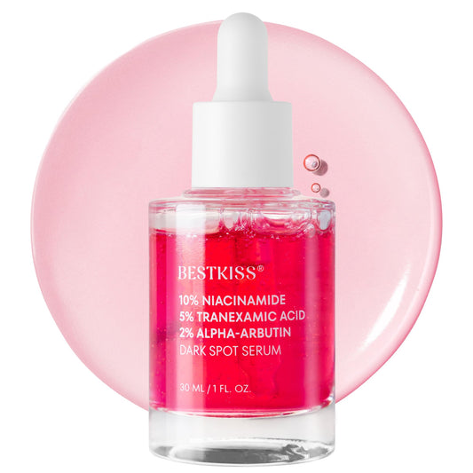 Bestkiss dark-spot serum bottle close-up for brighter, more even skin.
