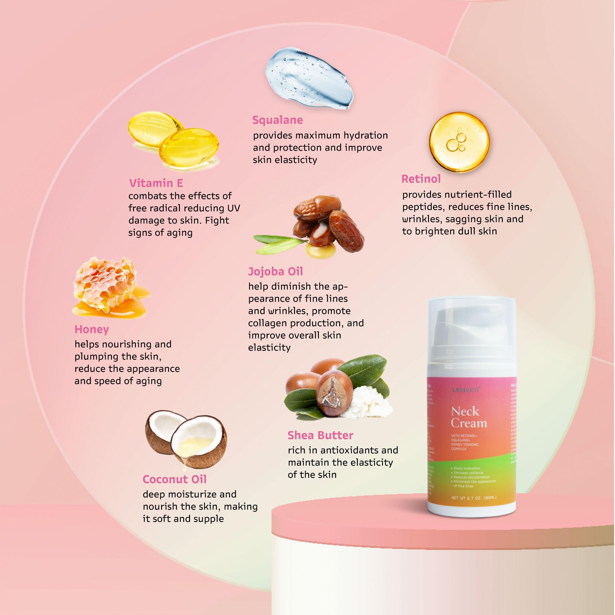 Bestkiss Neck Cream ingredient panel featuring hyaluronic acid for deep hydration.