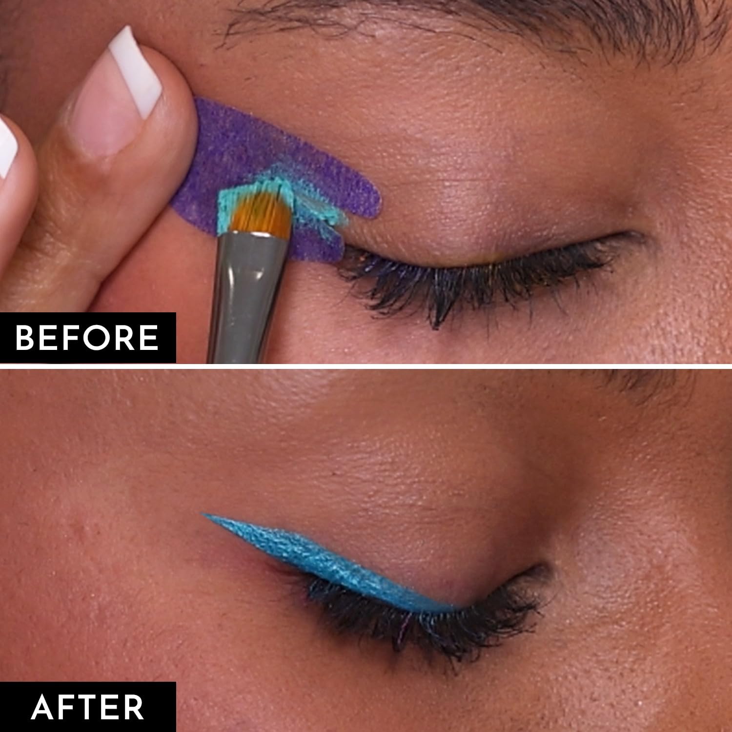 Left and right stencils from Beth Bender Beauty ensure comfortable, precise placement on dry lids.