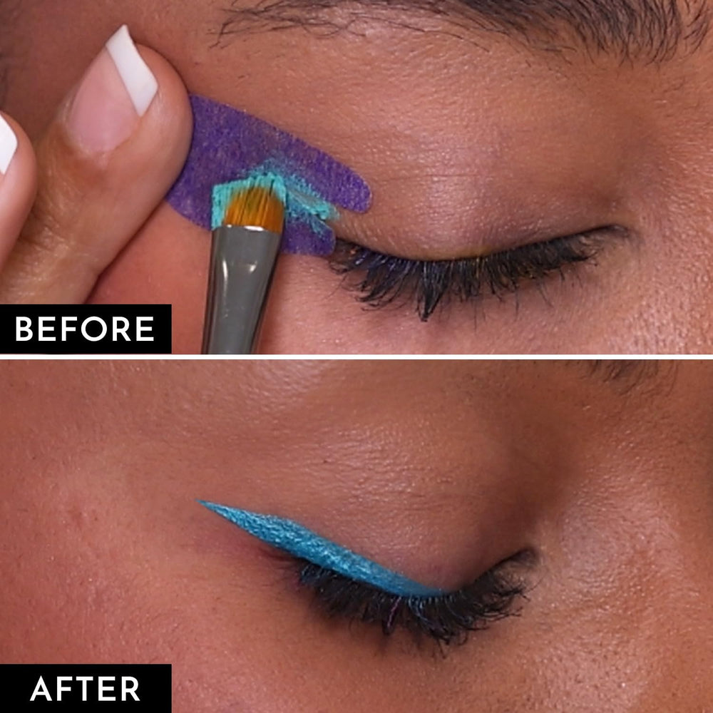 Left and right stencils from Beth Bender Beauty ensure comfortable, precise placement on dry lids.