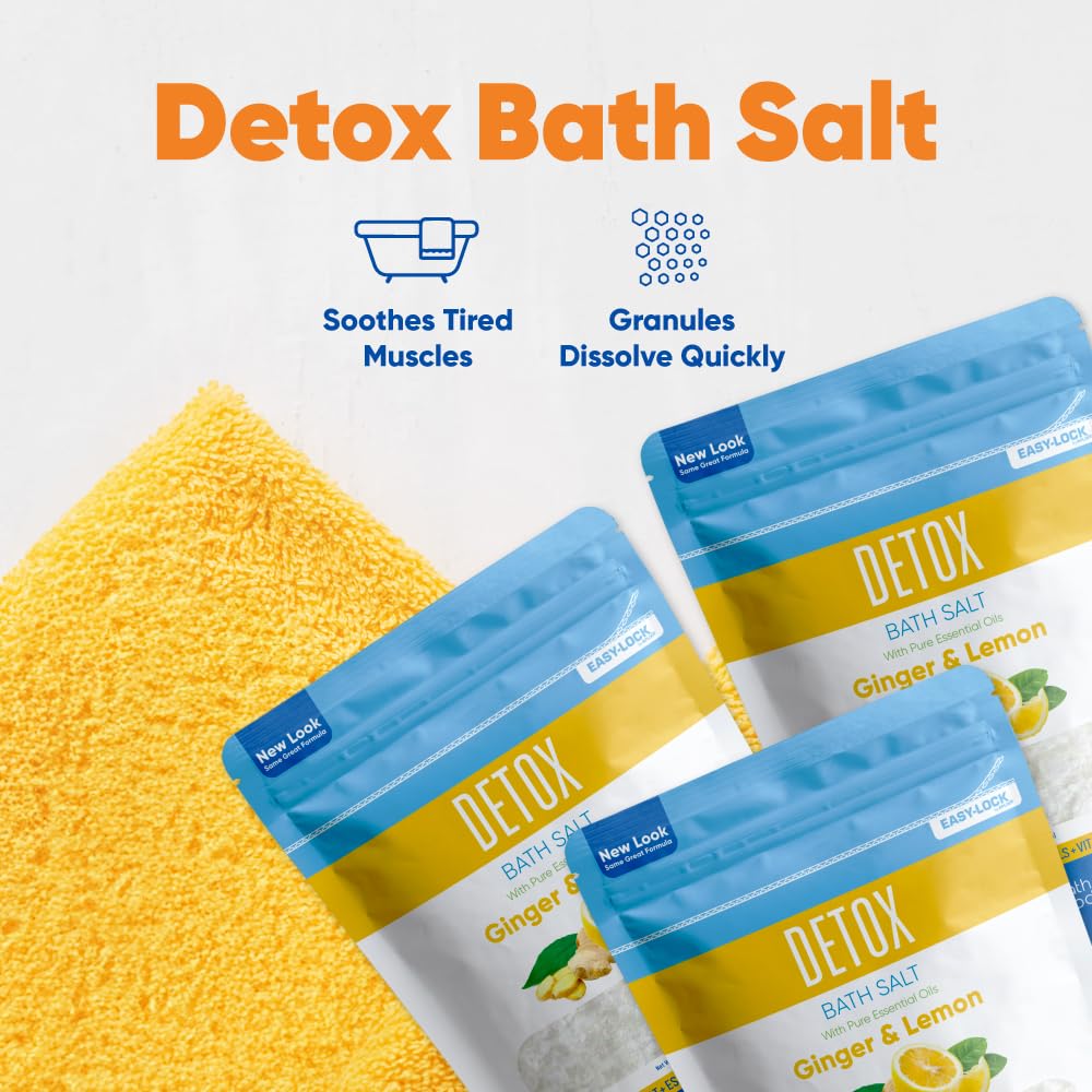 Three 2-lb pouches of detox bath salt arranged for use