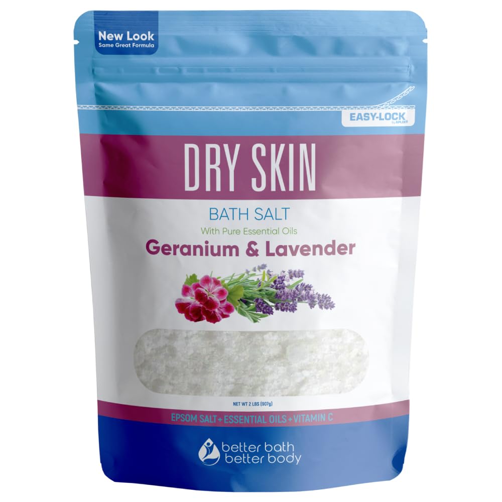 Better Bath Better Body dry skin bath salt jar showing premium Epsom salts for soothing relief.