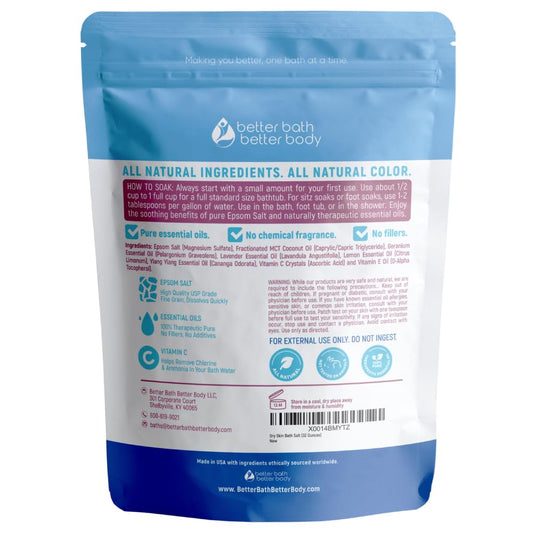 Better Bath Better Body epsom salt with geranium and lavender oils ready for a soothing soak.
