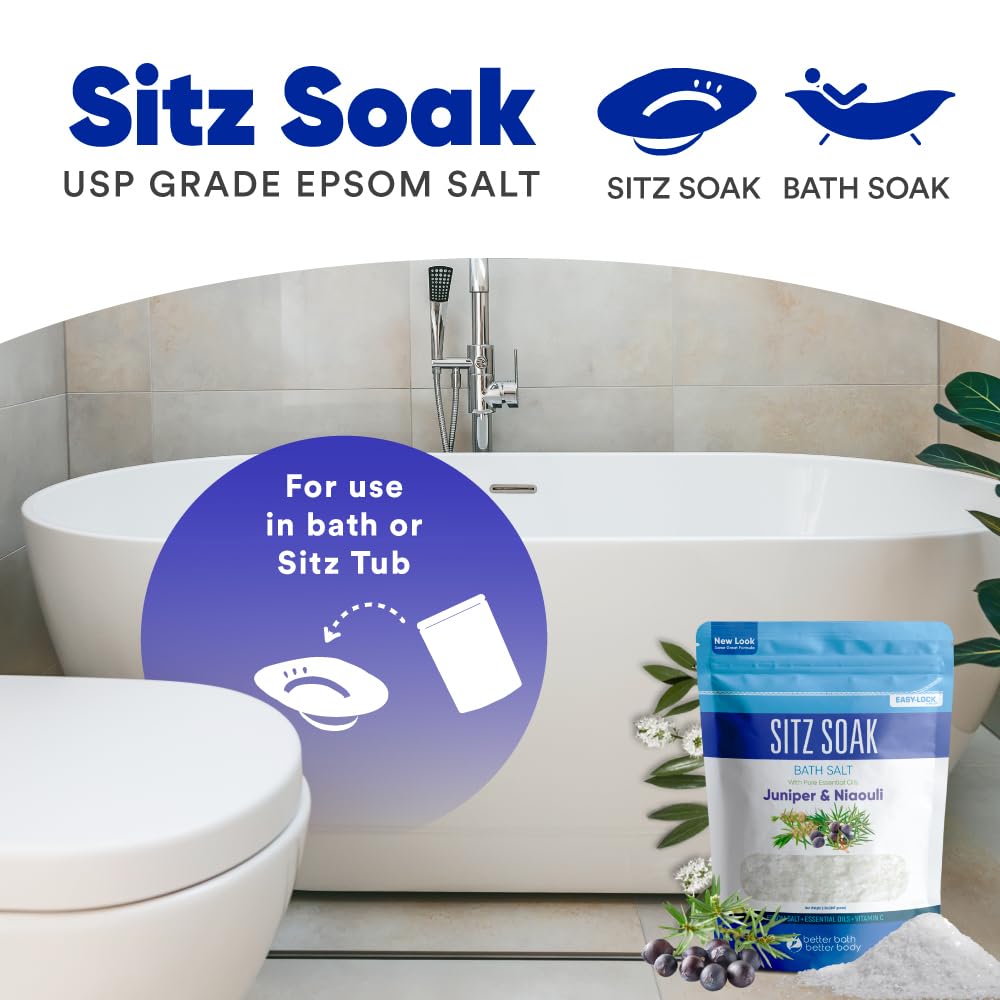 Better Bath Better Body Sitz Bath Soak close-up of ingredients highlights pure salts and essential oils.