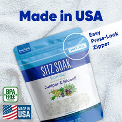 Better Bath Better Body Sitz Bath Soak measuring scoop and BPA-free pouch demonstrate storage simplicity.