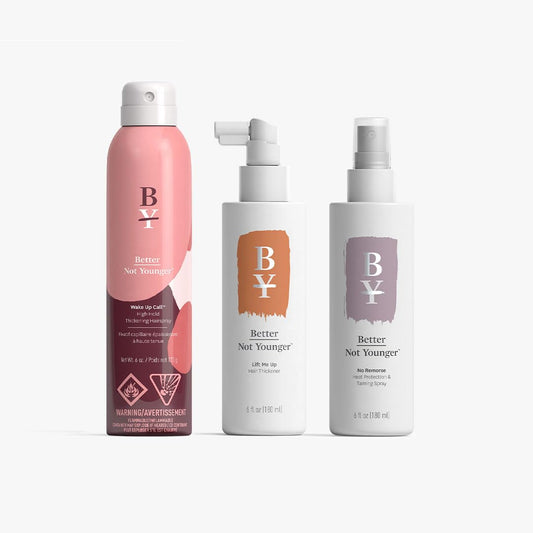 Better Not Younger Wake Up Call High Hold Hair Spray bottle boosts lift and long-lasting style