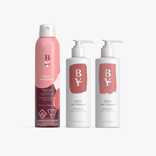 Better Not Younger Wake Up Call High Hold Spray bottle for lasting lift on aging hair