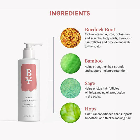 Better Not Younger Wake Up Call Volumizing Shampoo bottle adds volume and nourishes scalp