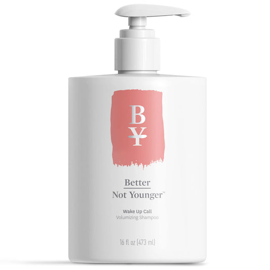 Better Not Younger Wake Up Call shampoo bottle front shows fuller-looking hair.