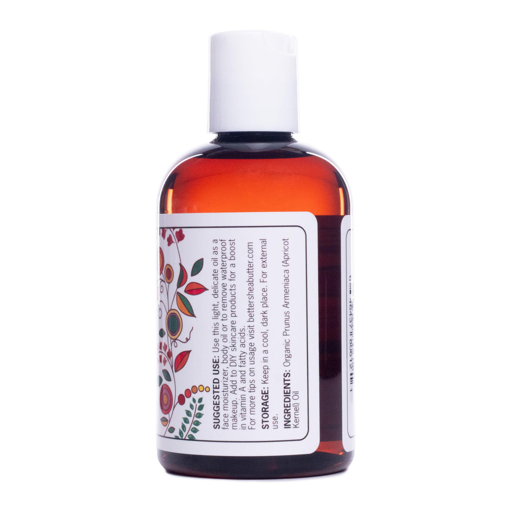 Better Shea Butter Organic Apricot Oil packaging open scene emphasizes 4 oz bottle