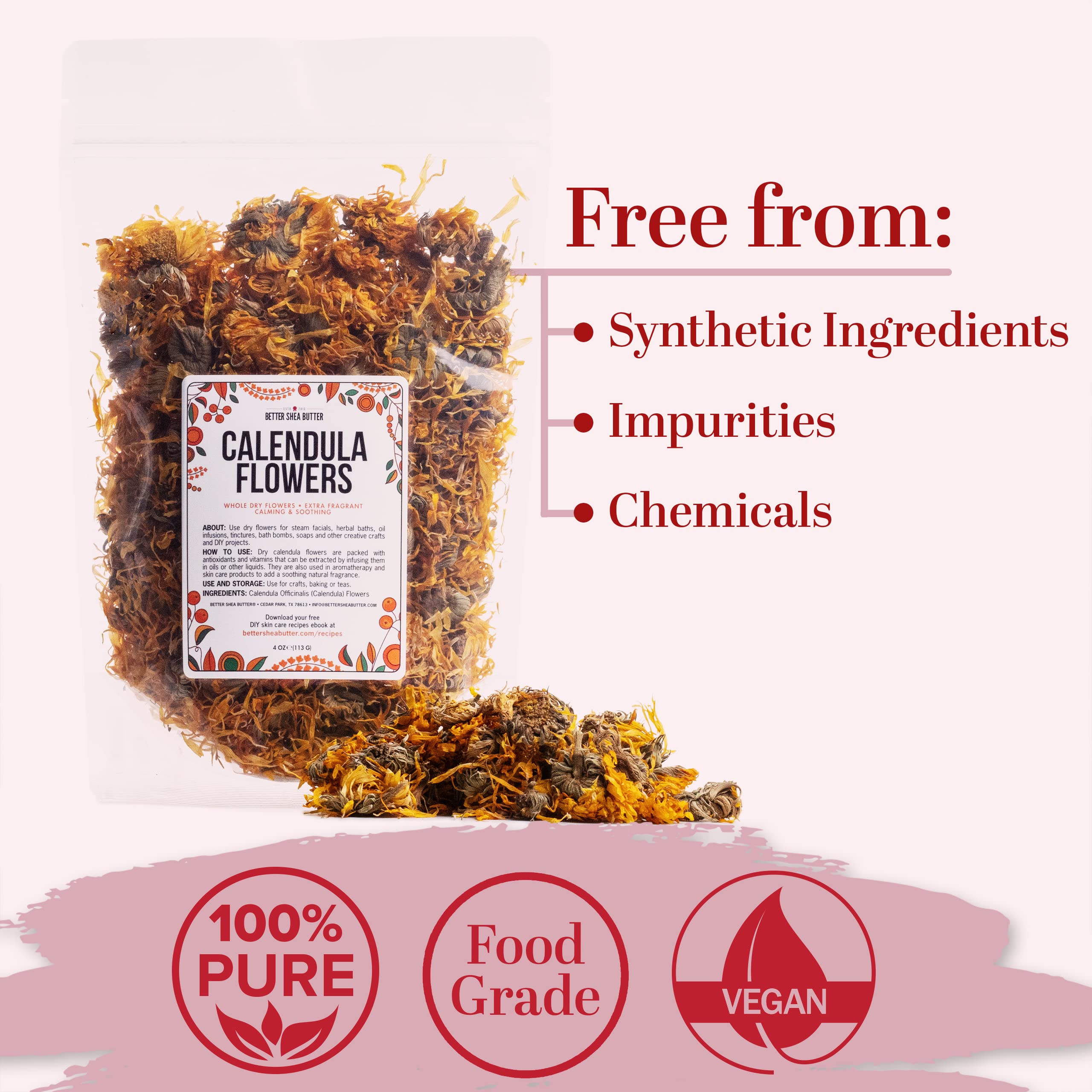 Better Shea Butter calendula flowers for soap making, natural petals for DIY beauty products.