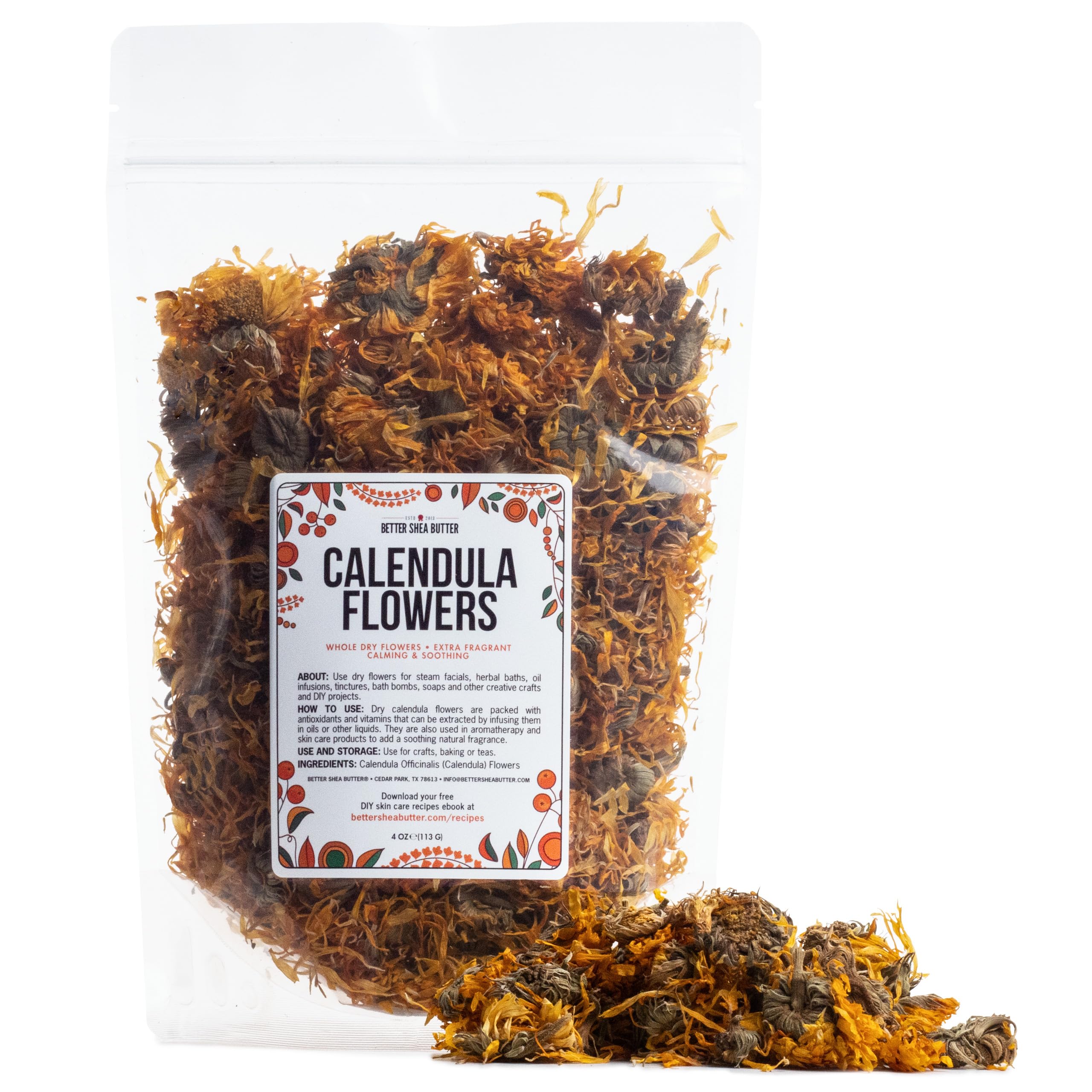 Better Shea Butter dried calendula flowers 4oz pack, ideal for soothing skincare blends.