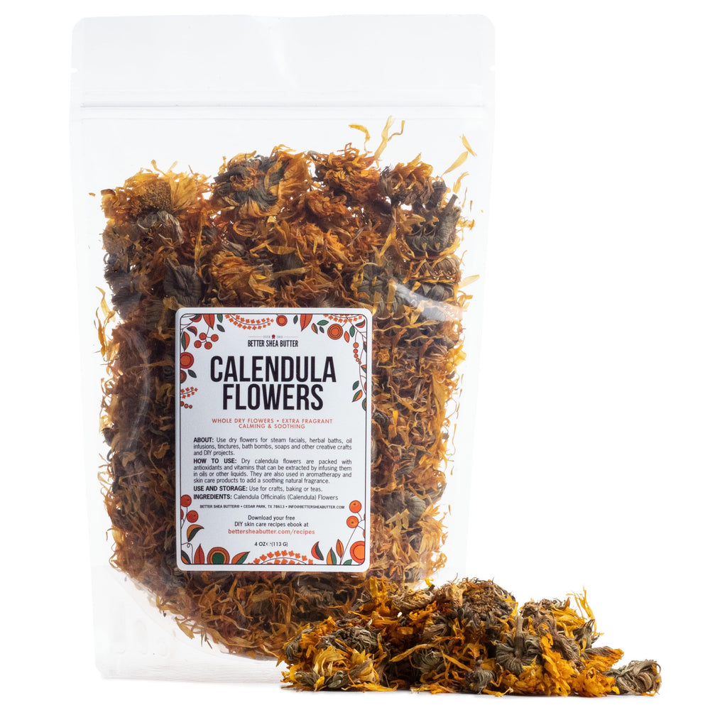Better Shea Butter dried calendula flowers 4oz pack, ideal for soothing skincare blends.